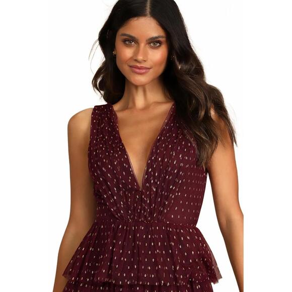 NWT Lulus Forever Sparkling Burgundy Dotted Mesh Tiered Mini Dress Size M - Picture 9 of 9